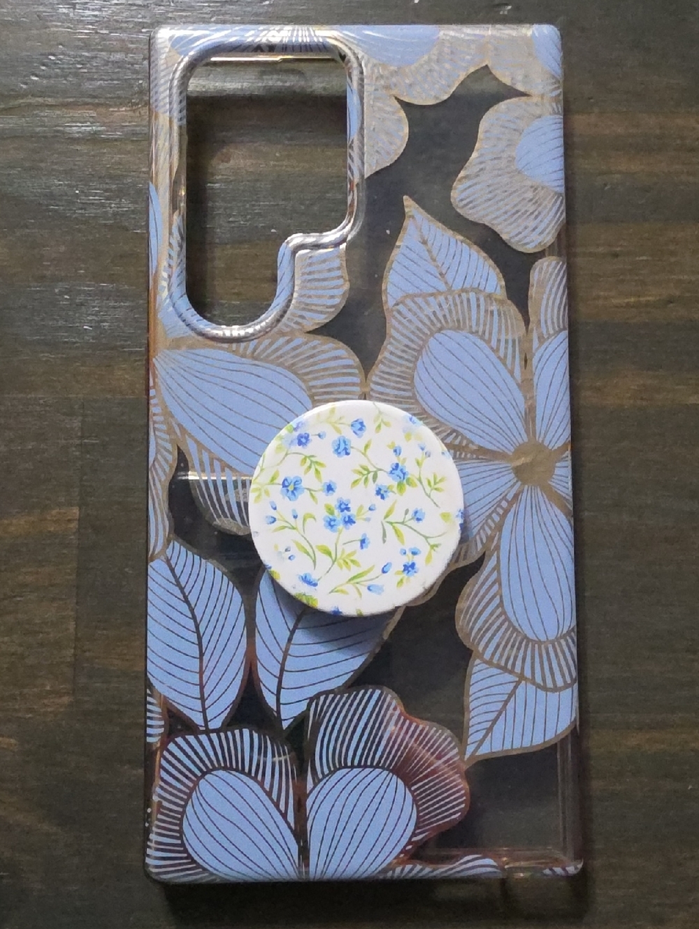 Floral Blue Clear Samsung 24 Ultra Phone Case with Pop Socket - Blue